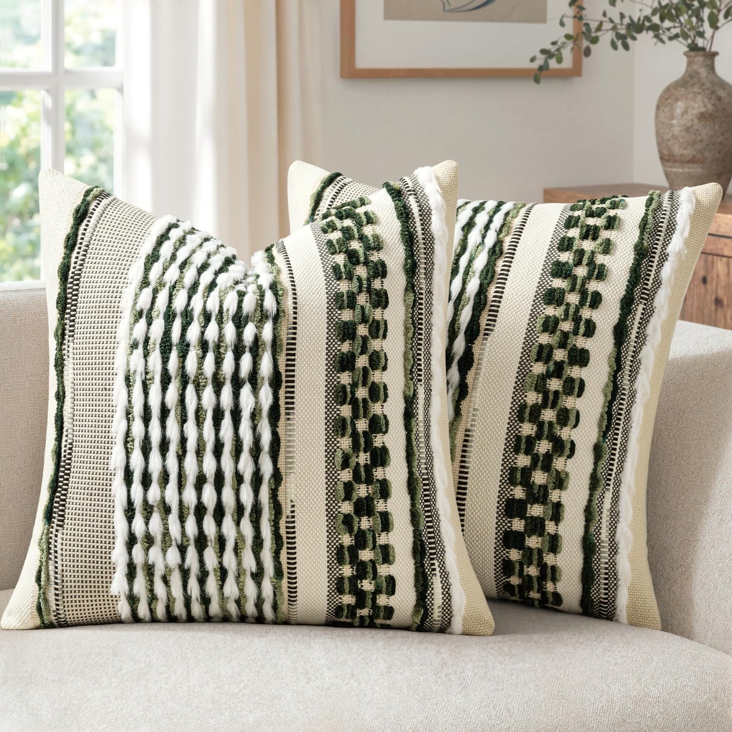 ANRODUO Boho Decorative Pillow Covers Olive Green Stripe 18x18 Pack of 2 | Throw Pillow Covers, Farmhouse Cushion Case, Chenille Pillow Cases, Pillow Covers, Accent Neutral Pillowcase for Couch Bed