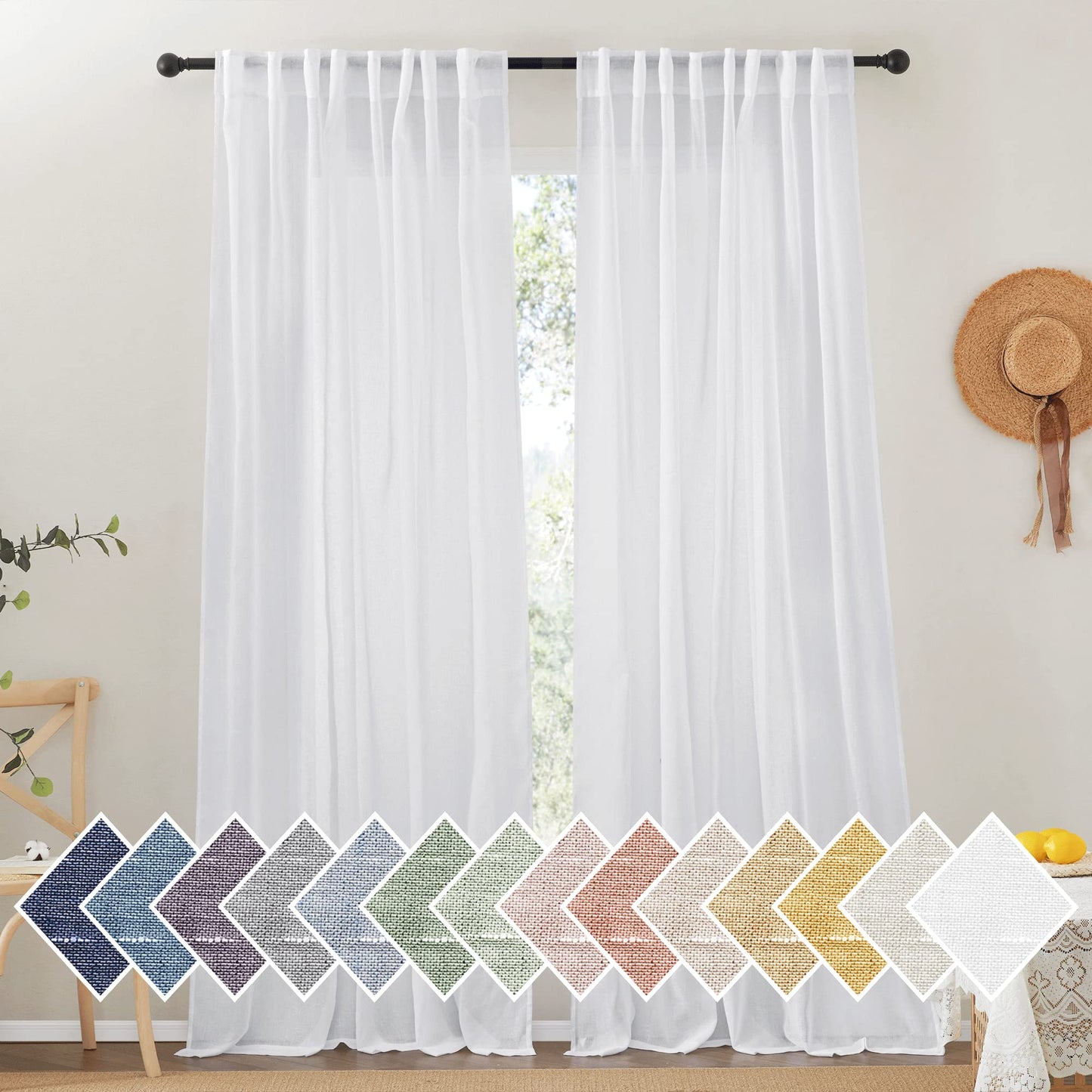NICETOWN Semi Sheer White Curtains 84 inch Long, Rod Pocket & Back Tab Sheer Linen Curtains & Drapes Balance Privacy & Light Panels for Bedroom/Living Room, W52 x L84, 2 Panels