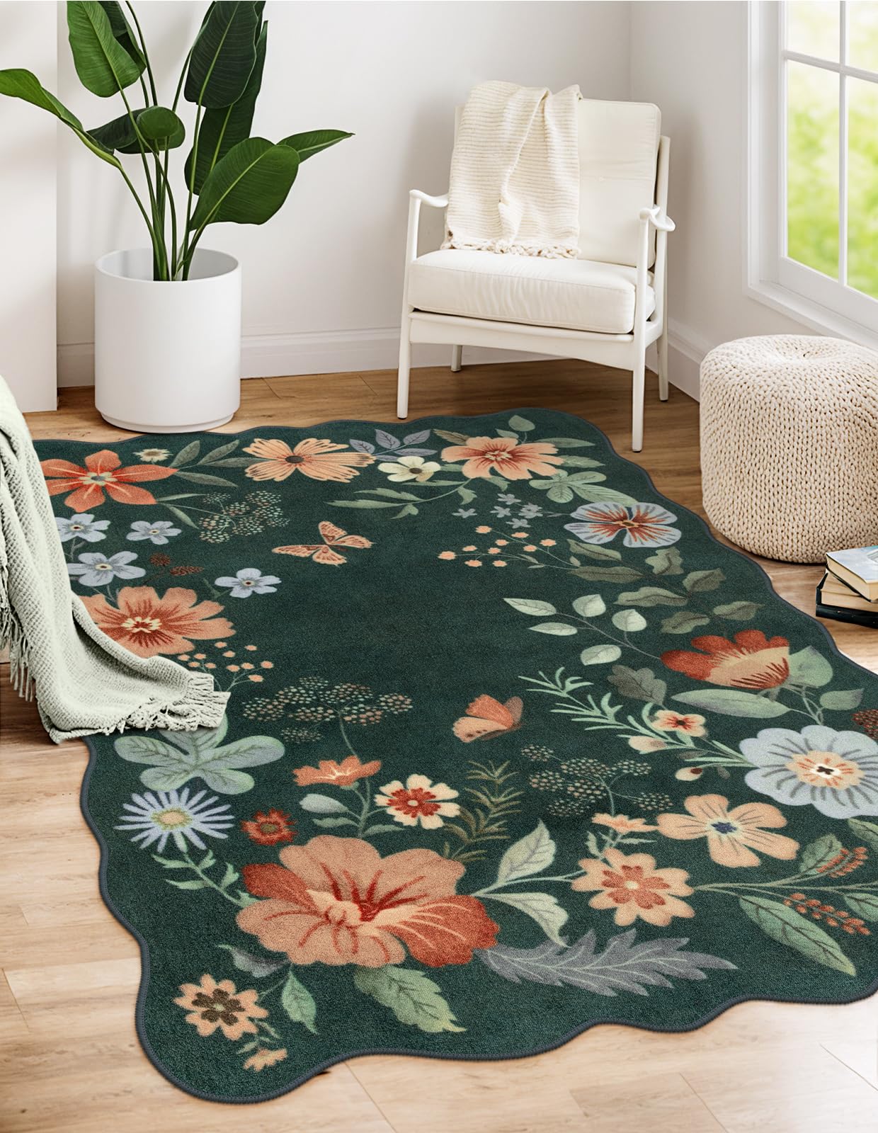 Lahome Floral Rugs for Living Room, 5x7 Area Rugs Ultra-Thin Soft Washable Rug, Non-Slip Bedroom Rug Stain Resistant Boho Flore Carpet for ‎Dining Room Office (5x7ft,Black/Grey)