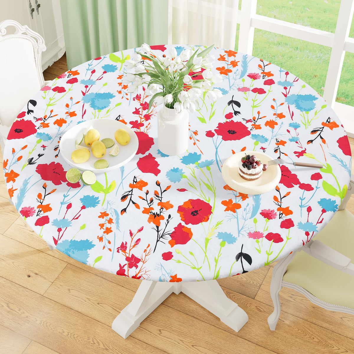 Round Fitted Tablecloth with Elastic Edge, 100% Waterproof Oil Proof Plastic Table Cover, Vinyl Flannel Backed Tablecloth Fits 36"-44" Round Tables for Dinner, Outdoor, Picnic, Oak Wooden Grain