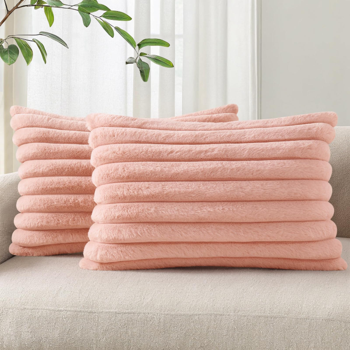Pallene Faux Fur Decorative Throw Pillow Covers 18x18 Set of 2, Cream White | Luxury Plush Texture, Striped Design, Cozy Soft Touch, Modern Home Accent Decor for Couch, Sofa, Bed, Living Room