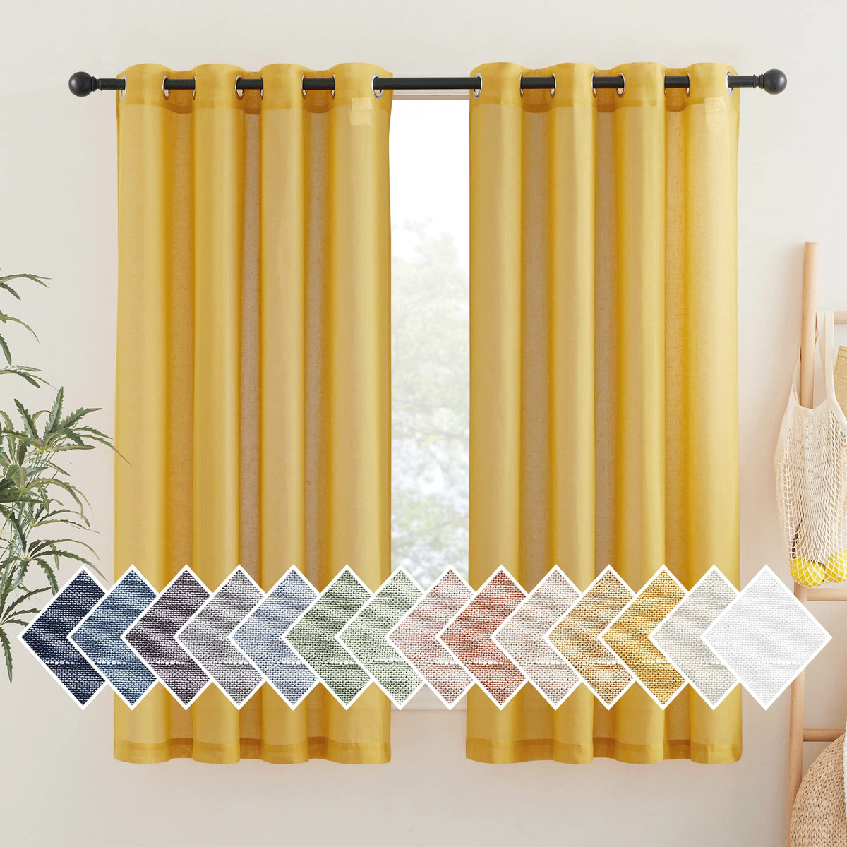 NICETOWN White Sheer Linen Curtains for Living Room 84 inch Length 2 Panels Set, Grommet Semi Sheer Privacy with Light Filtering Flax Window Treatments for Bedroom, W52 x L84