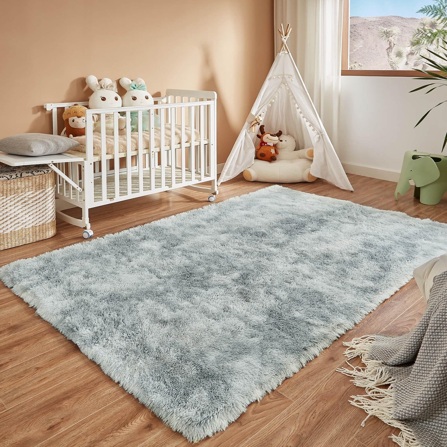 Floralux Rugs for Living Room, 6x9 Large Shag Area Rug, Tie-Dyed Light Grey Soft Fluffy Carpets for Bedroom
