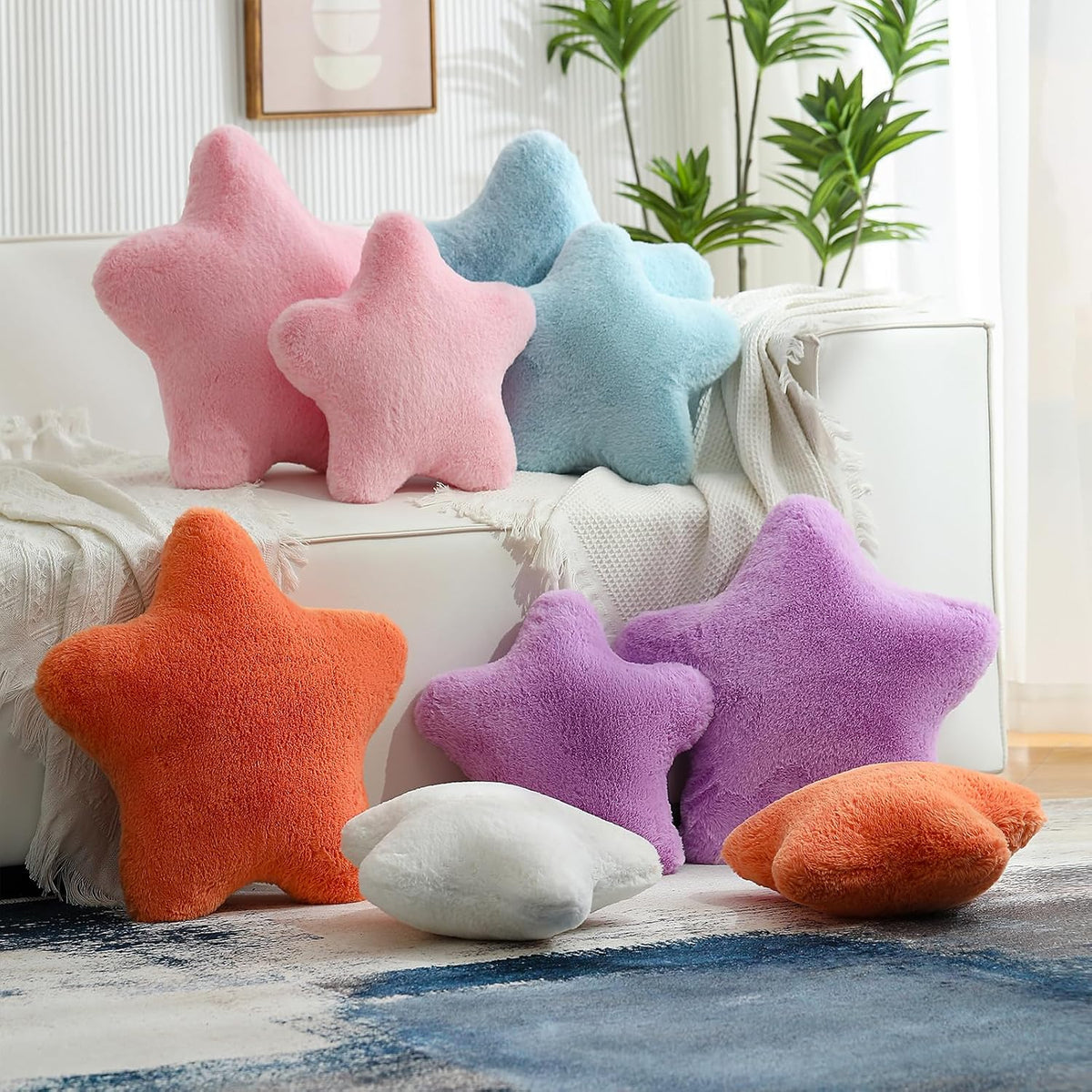 YRXRUS Star Pillows, Light Pink Star Shaped Pillow, Decorative Throw Pillow Gifts, Cute Plush Room Decor, Fluffy Faux Rabbit Fur 14"x14"Pillows for Living Bedroom