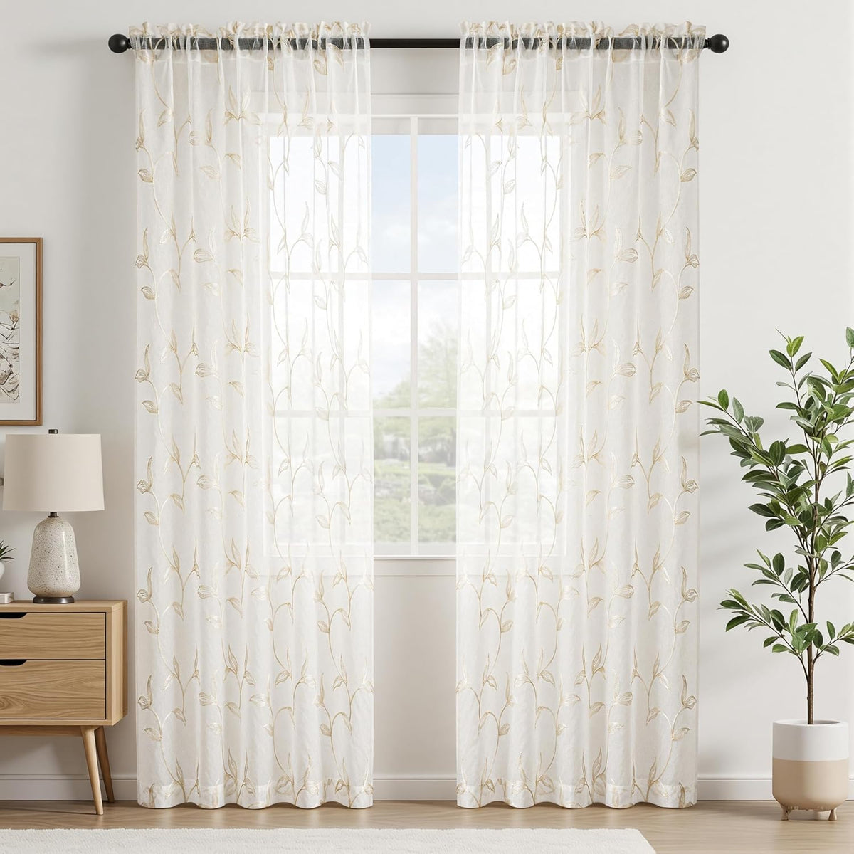 Sheer Curtains Boho Leaf Floral Embroidered Cream Beige 54Wx84L | Light Filtering Semi Sheer Voile Curtains With Design, Rod Pocket Window Drapes for Bedroom Living Room 2 Panels