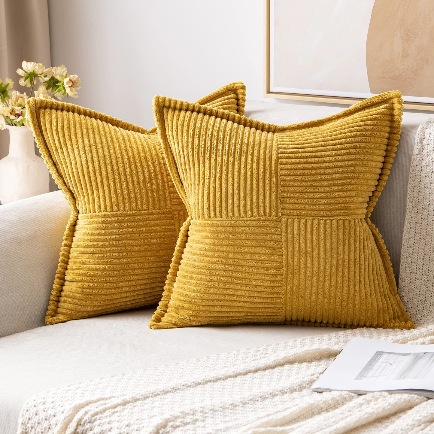 MIULEE Decorative Throw Pillow Covers for Couch 18x18 Inch Beige 2 Pack | Boho Broadside Striped Patchwork Pillow Covers, Soft Corduroy Cushion Cases, For Sofa Bed Livingroom Home Decor