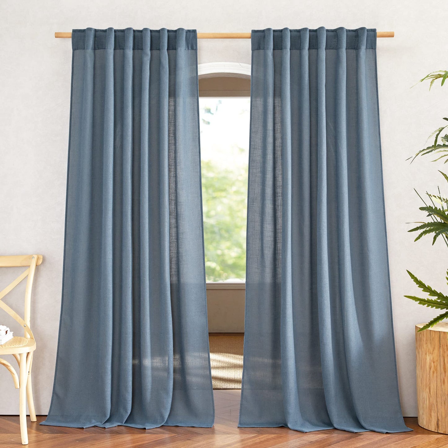NICETOWN White Linen Sheer Curtains and Drapes 84 inches Long, Rod Pocket & Back Tab semitransparent with Light Through Vertical Window Treatments for Sliding Glass Door & Living Room, 52"W, Set of 2