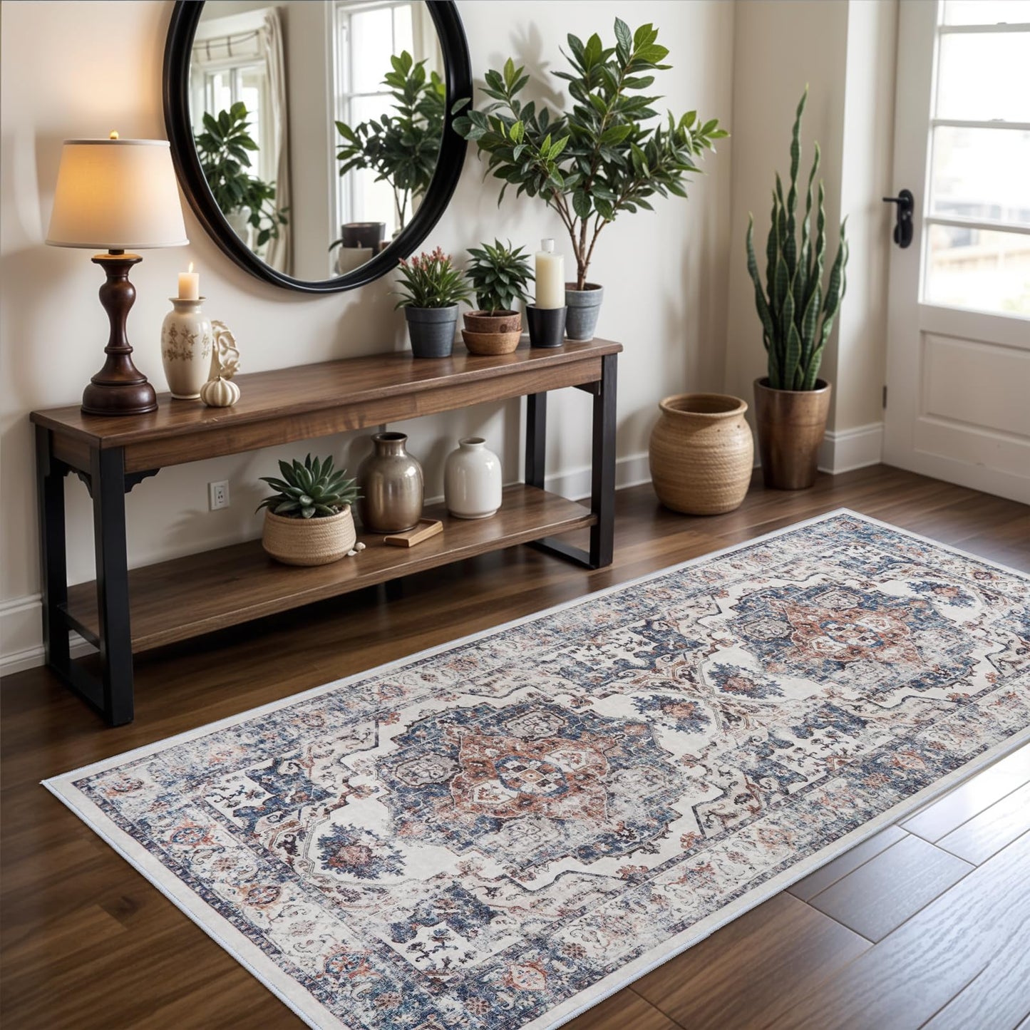 2x6 Hallway Washable Runner Rug : Vintage Soft Kitchen Laundry Runner with Non Slip Backing Farmhouse Entryway Living Room Floor Mat Stain Resistant Carpet for Bedroom Bathroom Distressed Beside Rug