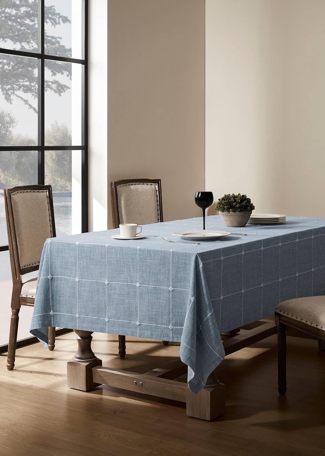 Grid Embroidered Rectangle Hemmed Tablecloths 60x120in, Blue | Heavy Weight Non-sheer Linen Fabric, Mitered Corner Finish, Water Resistant Farmhouse Table Cover, Boho Plaid Home Decor