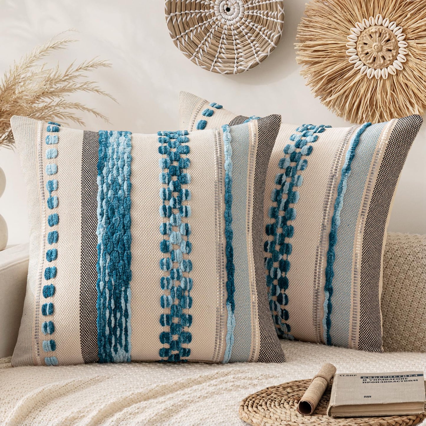 ANRODUO Boho Decorative Pillow Covers Olive Green Stripe 18x18 Pack of 2 | Throw Pillow Covers, Farmhouse Cushion Case, Chenille Pillow Cases, Pillow Covers, Accent Neutral Pillowcase for Couch Bed