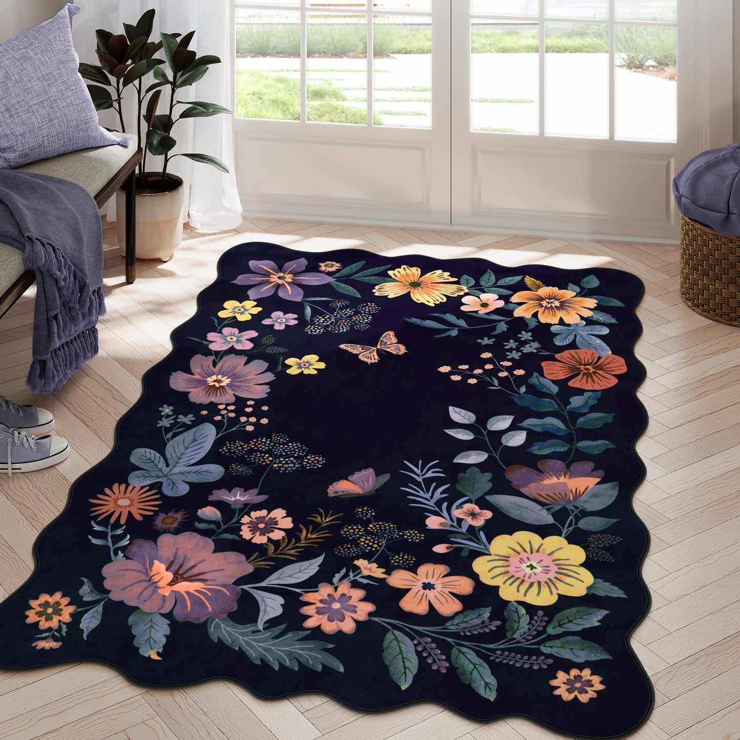 Lahome Floral Washable Living Room Rug, 5x7 Area Rugs for Bedroom Soft | Dining Room Rug Ultra-Thin Non Slip Stain Resistant Boho Low-Pile Throw Carpet for Office Flore (5x7ft, Beige)