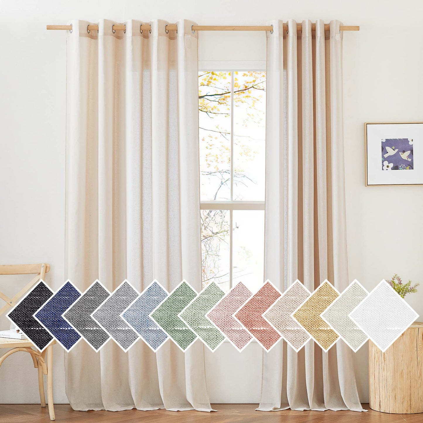 NICETOWN White Sheer Linen Curtains for Living Room 84 inch Length 2 Panels Set, Grommet Semi Sheer Privacy with Light Filtering Flax Window Treatments for Bedroom, W52 x L84