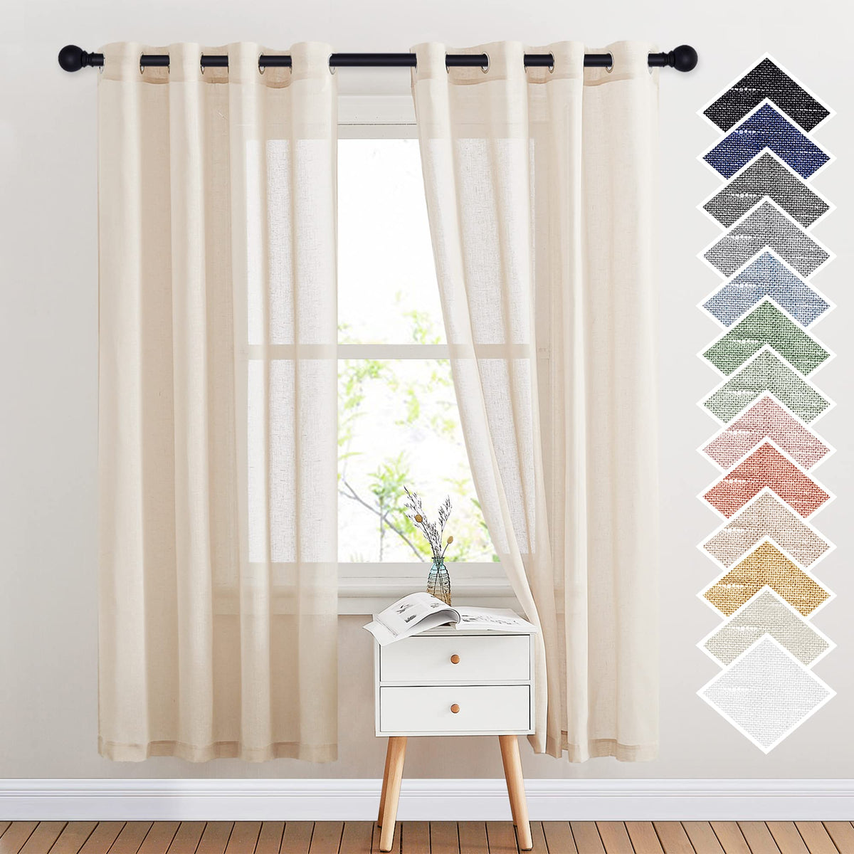 NICETOWN White Sheer Linen Curtains for Living Room 84 inch Length 2 Panels Set, Grommet Semi Sheer Privacy with Light Filtering Flax Window Treatments for Bedroom, W52 x L84