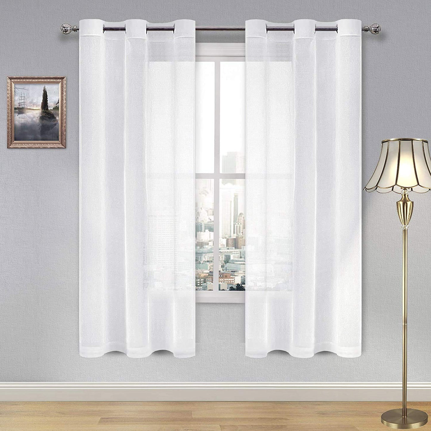 DWCN White Sheer Curtains Linen Look Semi Transparent Voile Grommet White Curtains for Living Dining Room Drapes 52 x 84 Inch Long, Set of 2 Panels