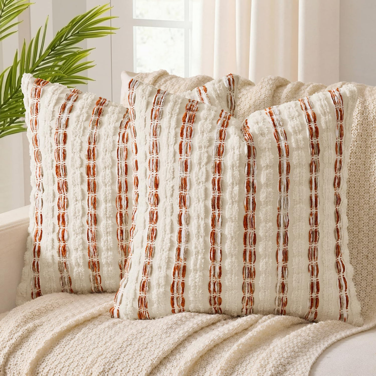 ANRODUO Boho Decorative Pillow Covers Olive Green Stripe 18x18 Pack of 2 | Throw Pillow Covers, Farmhouse Cushion Case, Chenille Pillow Cases, Pillow Covers, Accent Neutral Pillowcase for Couch Bed