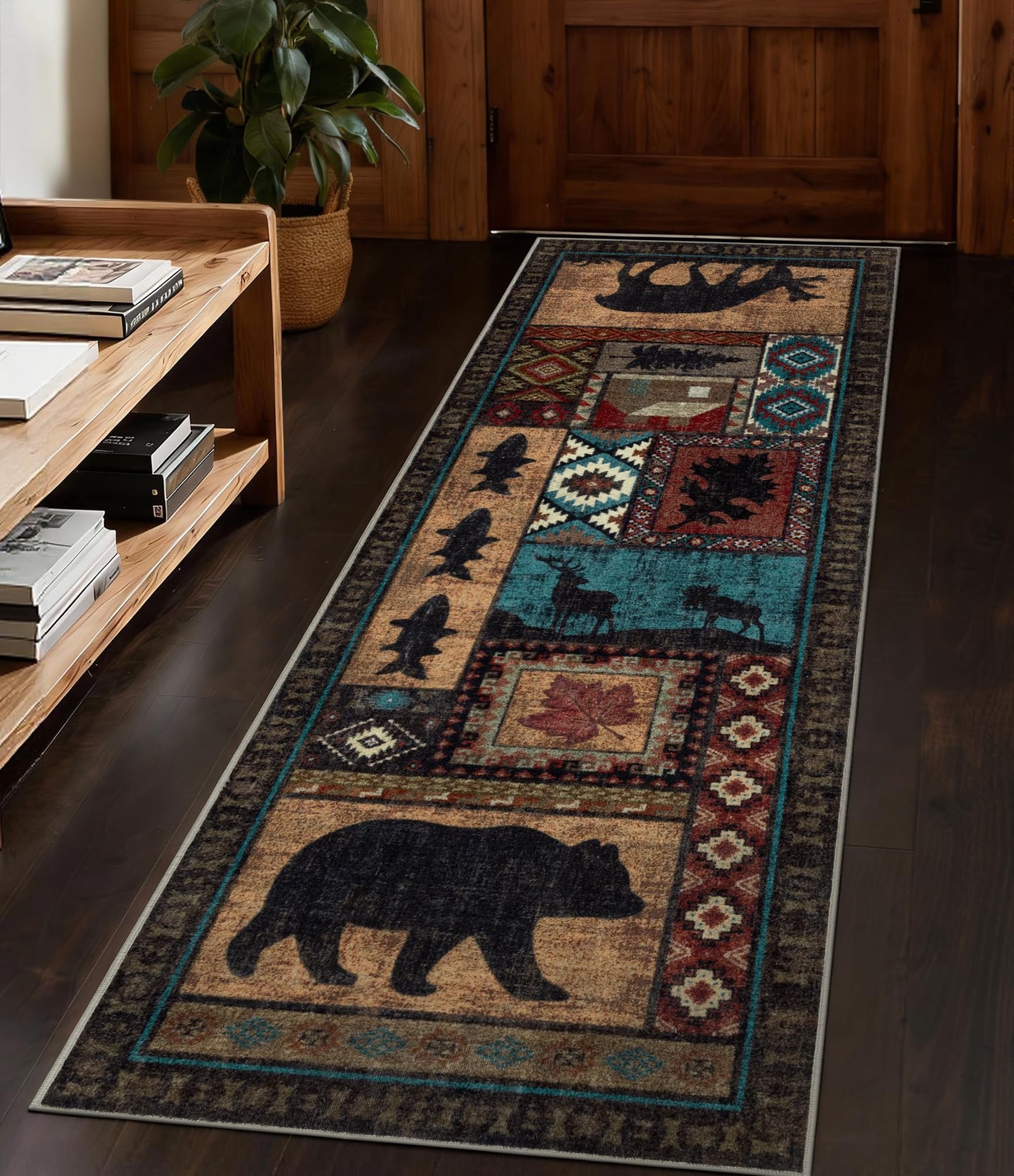 Rustic Cabin Area Rug 5x7,Machine Washable Lodge Bear Rug,Non-Slip Low Pile Print Pattern Southwestern Rug for Living Room Bedroom
