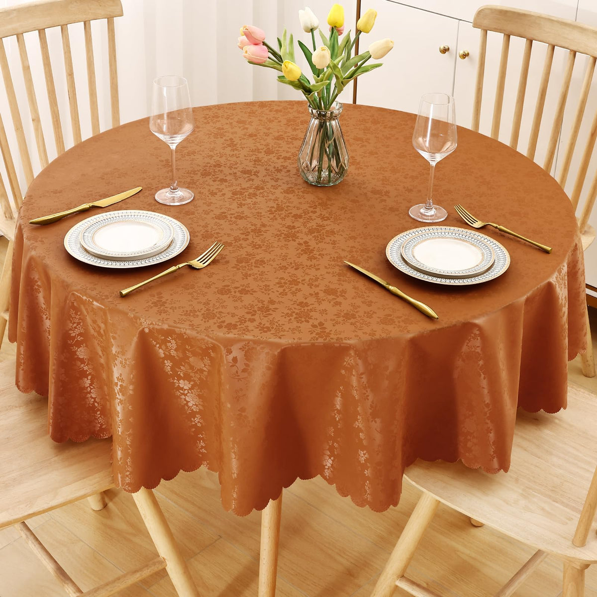 Smiry Rectangle Waterproof Heavy Duty Vinyl Tablecloths, 60 x 84 Inch | Wipeable Washable Floral Embossed Table Cover for Kitchen and Dining Room, Indoor & Outdoor Use, Beige