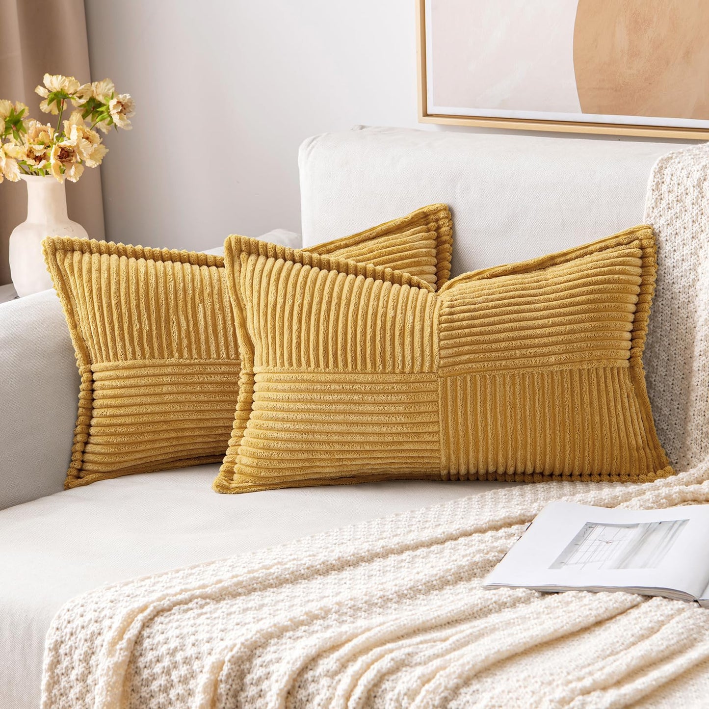 MIULEE Decorative Throw Pillow Covers for Couch 18x18 Inch Beige 2 Pack | Boho Broadside Striped Patchwork Pillow Covers, Soft Corduroy Cushion Cases, For Sofa Bed Livingroom Home Decor