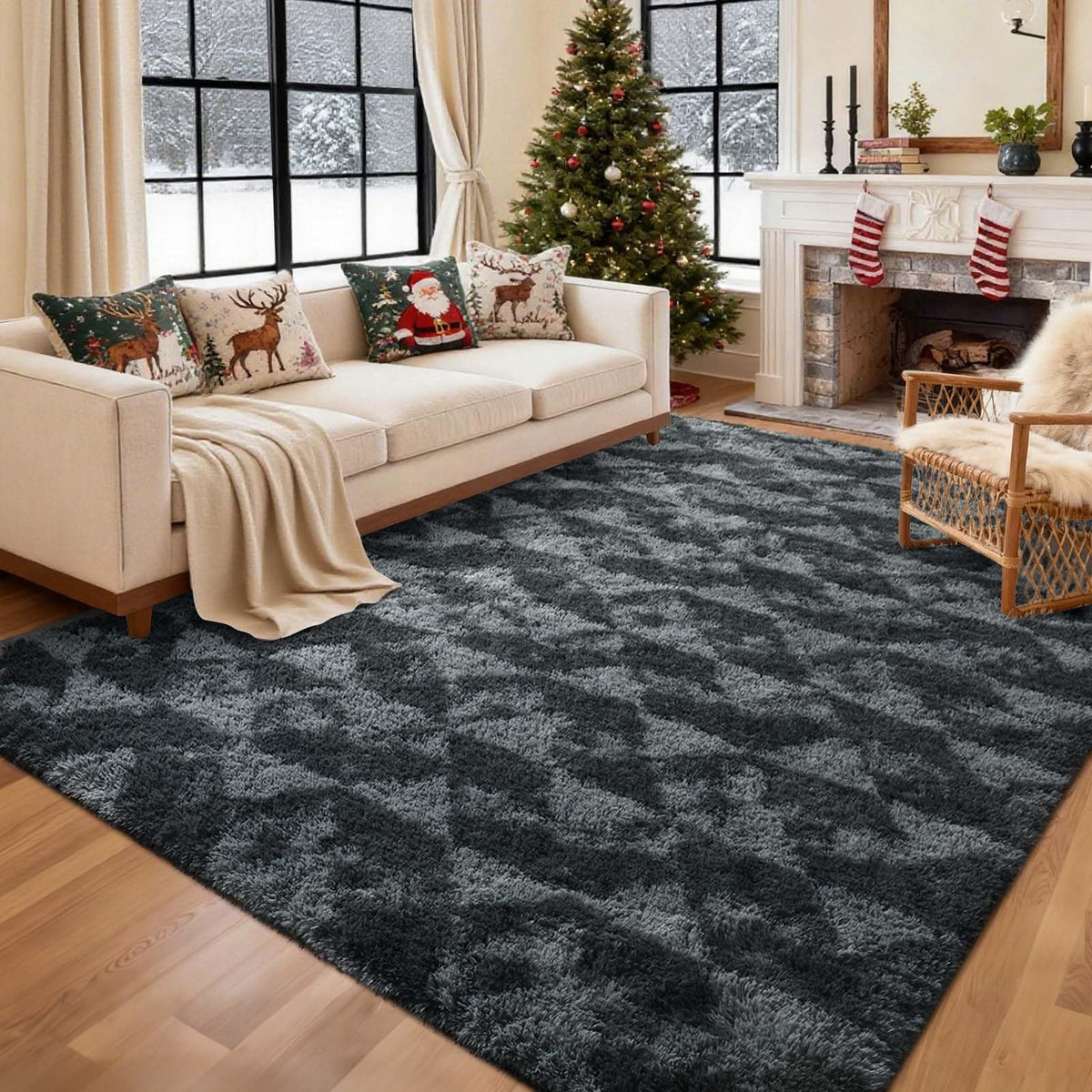 6x9 Ft Large Shag Rugs for Living Room Decor, Tie-Dyed Ultra Soft Fluffy Furry Area Rugs for Bedroom Indoor Floor, Aesthetic Carpet for Kids Home (Dark Grey)