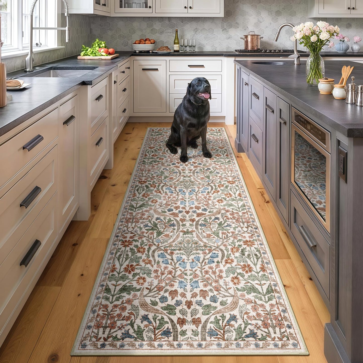 5x7 Washable Area Rug Green Boho Floral for Living Room Bedroom Nursery | Carpet for Dining Room, Soft Low-Pile Non-Slip Faux Wool, Farmhouse Indoor, Kid & Pet Friendly, Stain, Fade & Wear Resistant