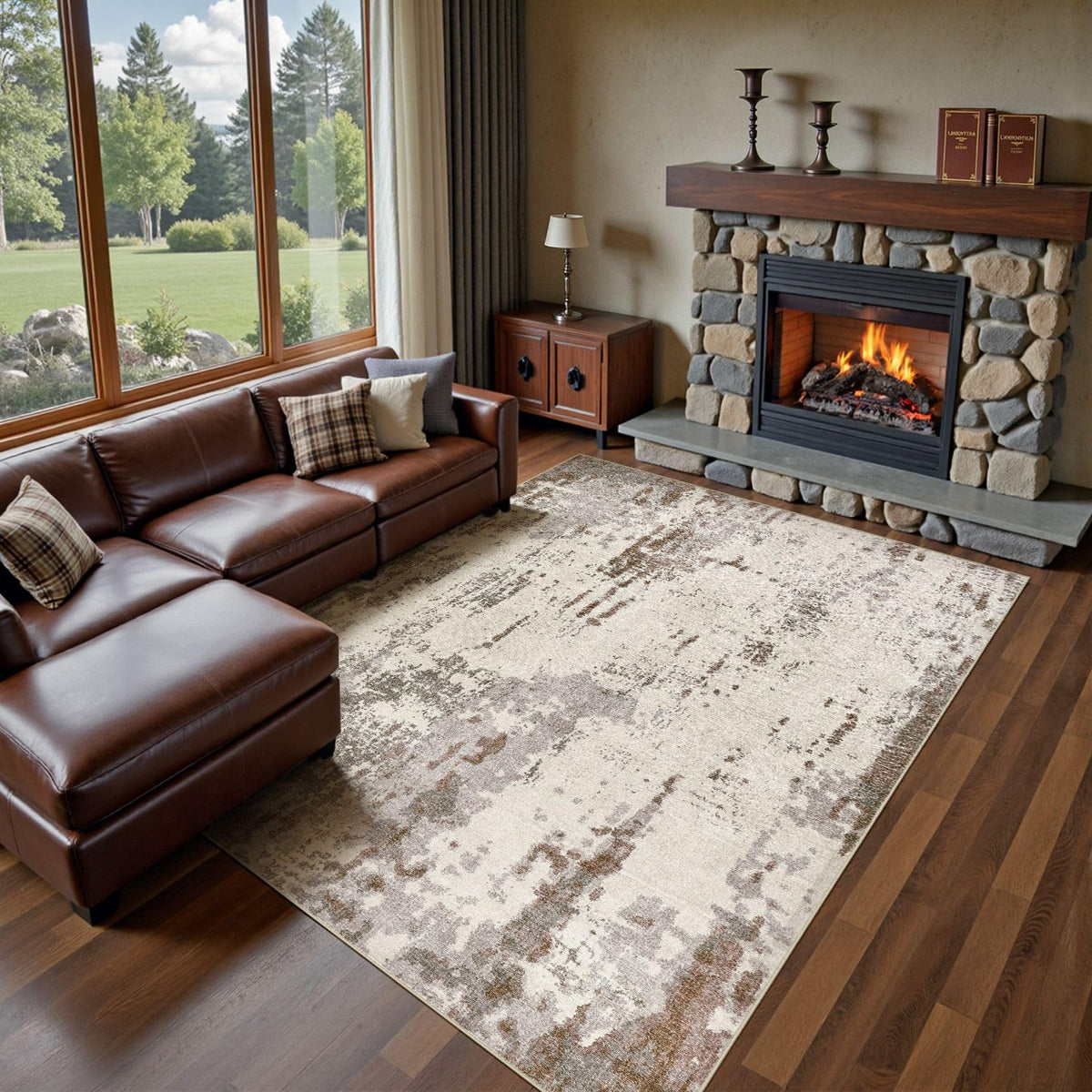 UERMEI 8x10 Area Rug Living Room Rugs - Washable Neutral Modern Abstract Soft Thin Large Rug Indoor Floor No Slip Rug Carpet for Bedroom Under Dining Table Home Office Decor - Brown Grey