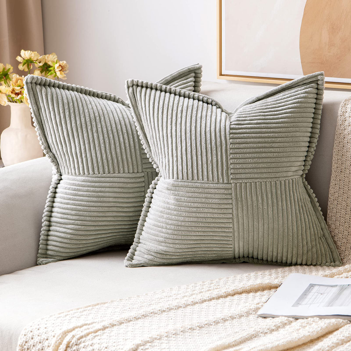MIULEE Decorative Throw Pillow Covers for Couch 18x18 Inch Beige 2 Pack | Boho Broadside Striped Patchwork Pillow Covers, Soft Corduroy Cushion Cases, For Sofa Bed Livingroom Home Decor