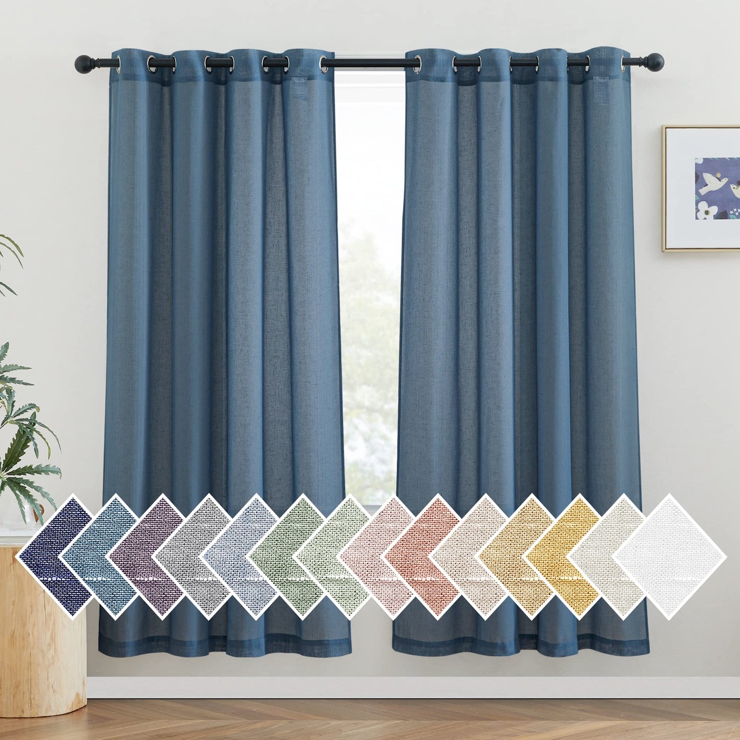 NICETOWN White Sheer Linen Curtains for Living Room 84 inch Length 2 Panels Set, Grommet Semi Sheer Privacy with Light Filtering Flax Window Treatments for Bedroom, W52 x L84