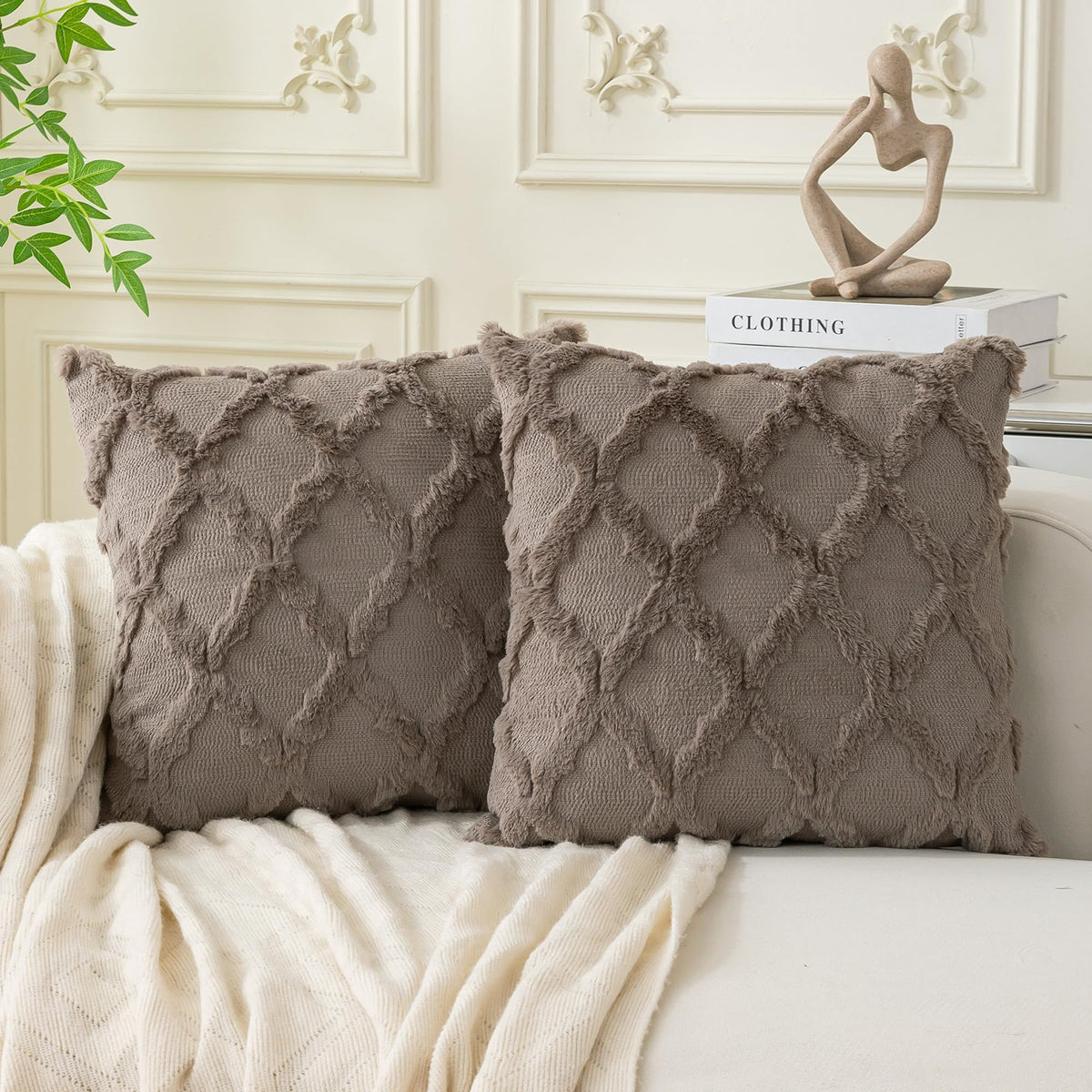 Set of 2 Soft Moroccan Throw Pillow Covers 18x18 Inch Plush Boho Decorative Pillow Cover Accent Cushion Case for Couch Sofa Bed, Beige