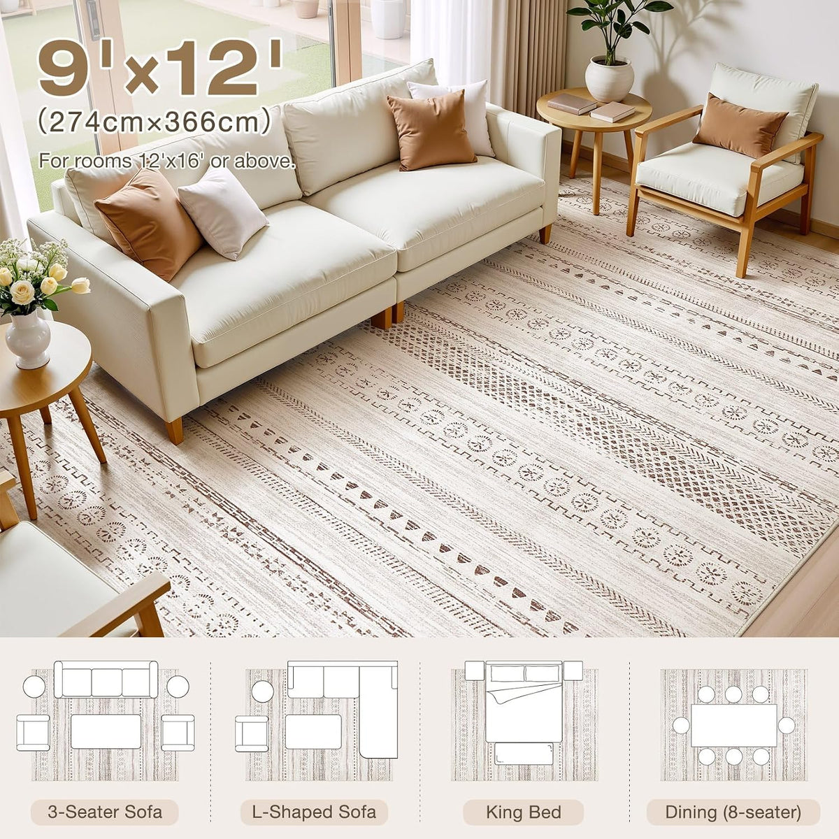 kakania 9x12 Washable Area Rug: Non Slip Soft Thin Carpet, Boho Geometric Modern Decor, Easy Clean Indoor Floor Large Rugs for Living Room Bedroom Kids Dorm Office Dining - Brown