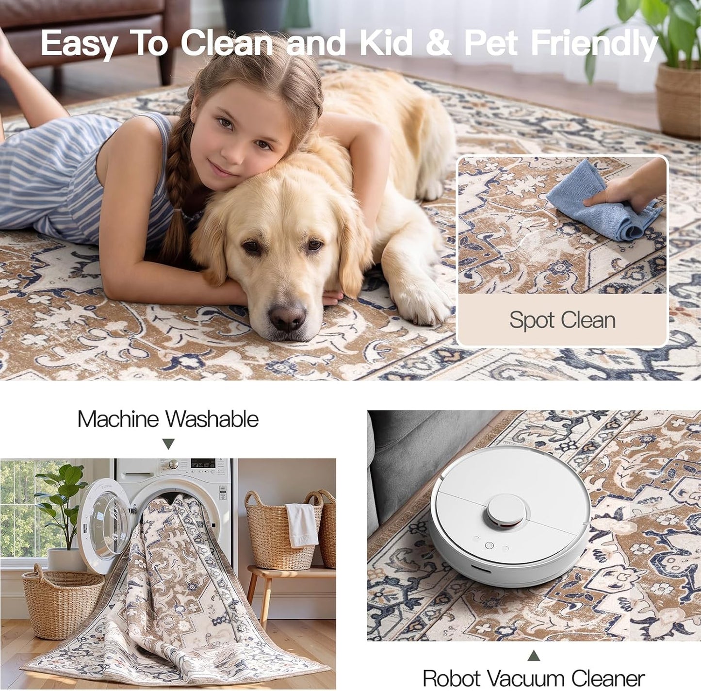 Lofus 5x7 Area Rugs for Living Room Bedroom, Soft Boho Carpet Floral Brown | High-Power Vacuuming, Non-Slip, Low Pile, Stain & Water Repellent, Soft, Skin-Friendly, for Kitchen Entryway Office