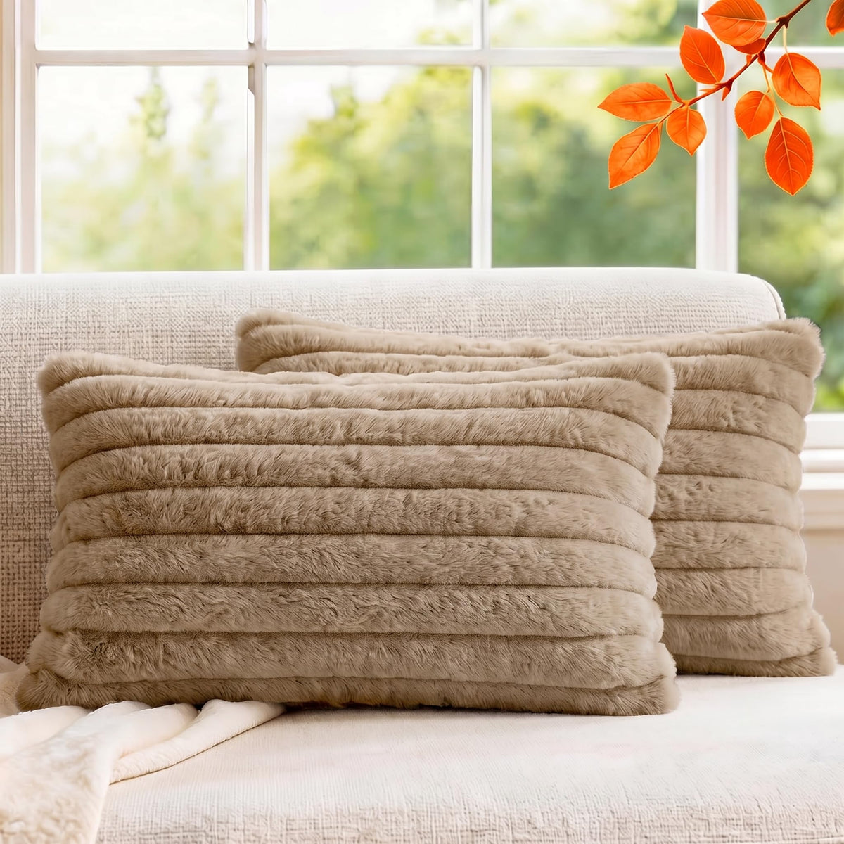 Pack of 2 Throw Pillow Covers 18x18 Decorative Solid Plush Faux Fur with Soft Velvet Back, Square Striped Cushion Cases Modern Farmhouse Home Decor for Living Room Couch Sofa Bed Cream White