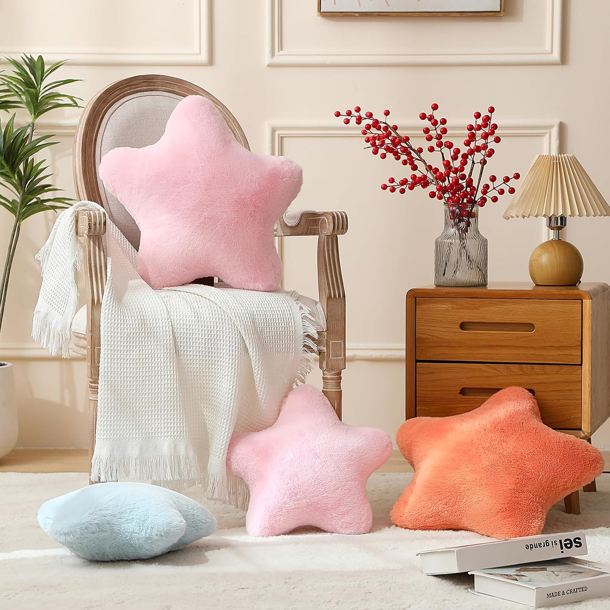 YRXRUS Star Pillows, Light Pink Star Shaped Pillow, Decorative Throw Pillow Gifts, Cute Plush Room Decor, Fluffy Faux Rabbit Fur 14"x14"Pillows for Living Bedroom