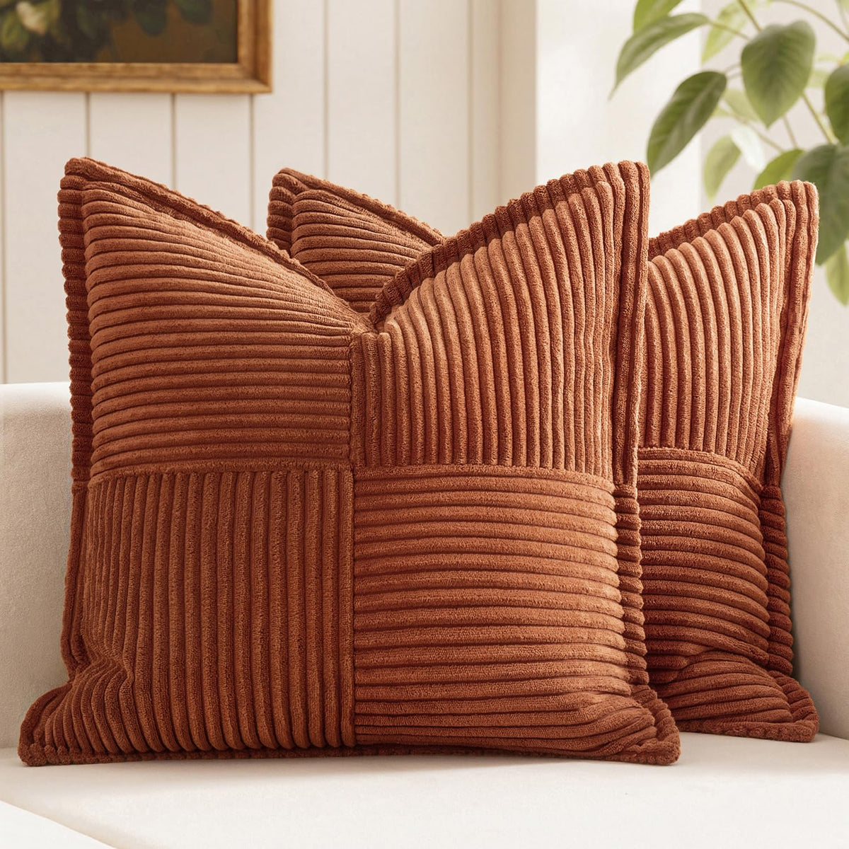 MIULEE Decorative Throw Pillow Covers for Couch 18x18 Inch Beige 2 Pack | Boho Broadside Striped Patchwork Pillow Covers, Soft Corduroy Cushion Cases, For Sofa Bed Livingroom Home Decor