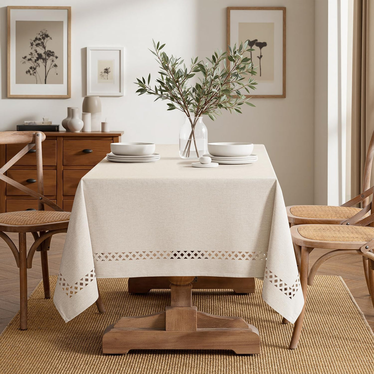 MIULEE Beige Rectangle Tablecloth with Decorative Cutouts 52x70 Inch | Waterproof Stain Resistant & Shrink-Proof Table Cloth, Farmhouse Style, for Dining Wedding Kitchen Party Outdoor