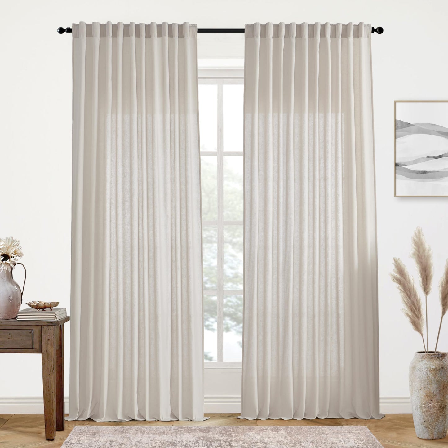 Linen Cotton Curtains for Living Room, Cream Off White Natural Fabric Light Filtering Semi Sheer Curtains 84 Inches Long, Ivory Pleated Farmhouse Curtain Drapes 84 Inch Length 2 Panels Set Dining Room