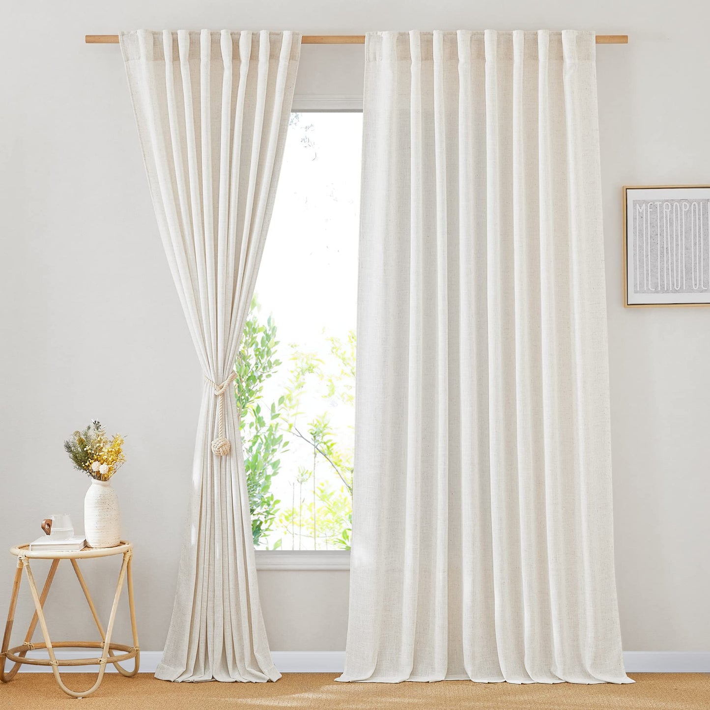 NICETOWN White Linen Sheer Curtains and Drapes 84 inches Long, Rod Pocket & Back Tab semitransparent with Light Through Vertical Window Treatments for Sliding Glass Door & Living Room, 52"W, Set of 2