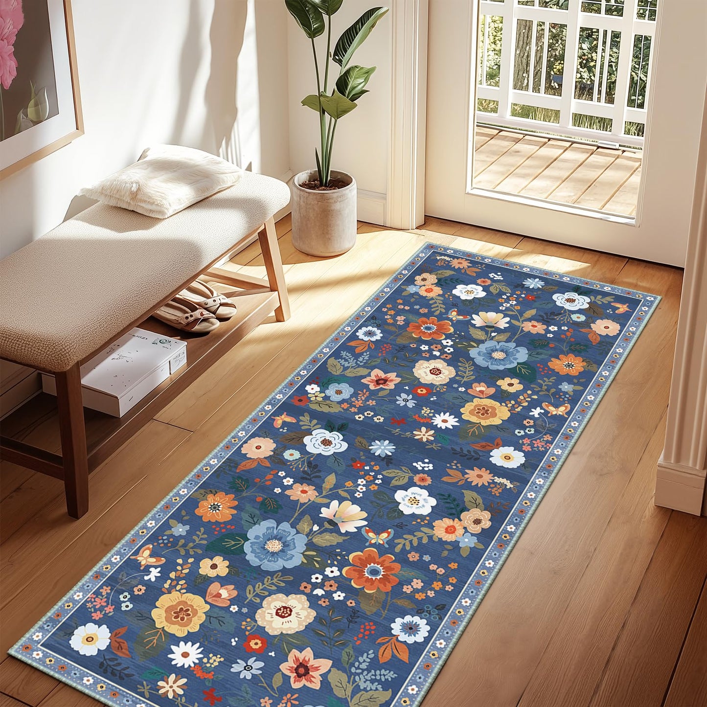 RELEANY Floral Washable 5x7 Area Rugs Black | Flower Carpet, Print, Boho, Non-Slip, Easy to Clean, Soft, Low Pile for Living Room Bedroom Kitchen Office Entryway Hallway