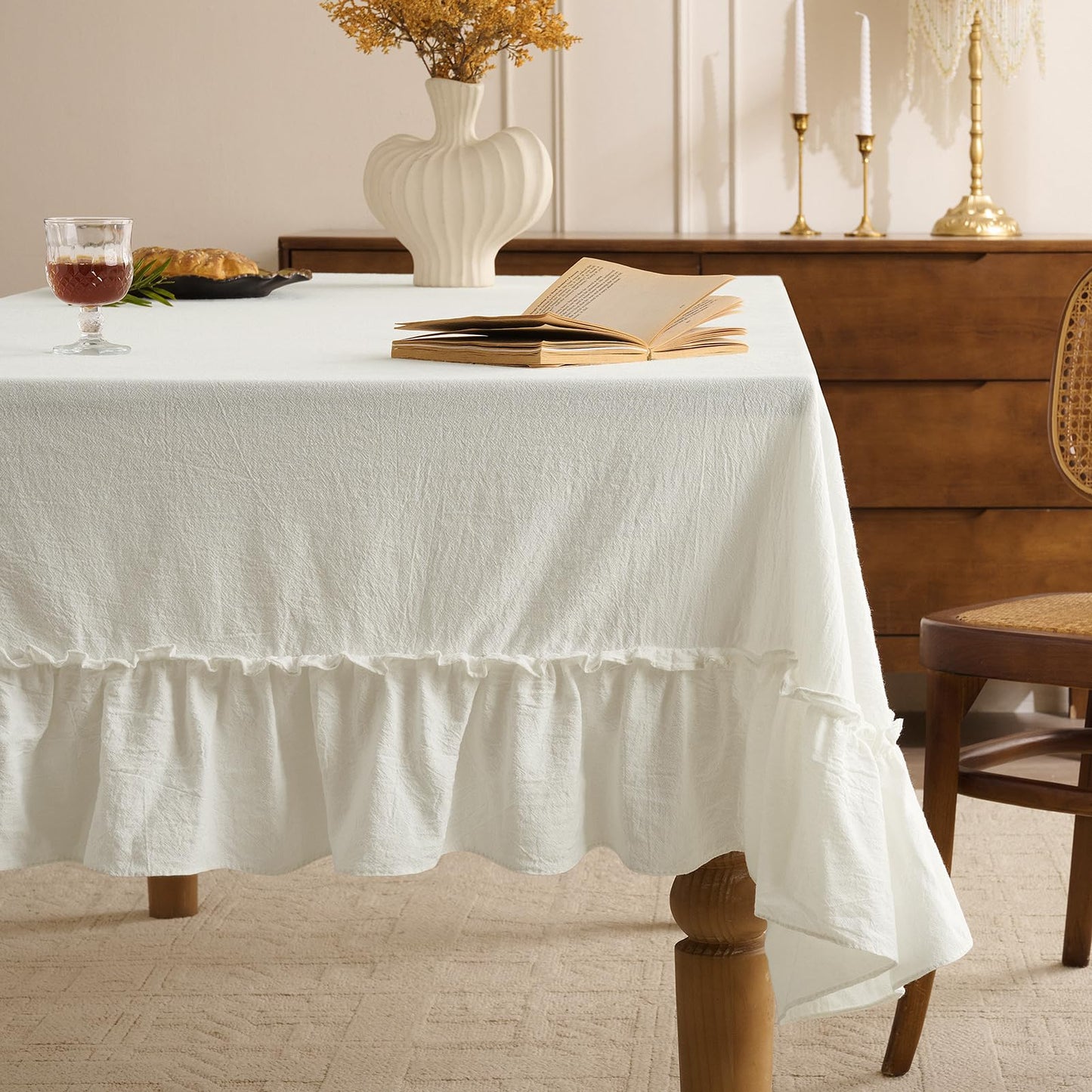 Romanstile Gingham Ruffled Tablecloth Rectangle, 60 x 84 Inch, Sage Green | Waterproof Checkered Table Cloth, Polyester-cotton, Farmhouse Plaid Table Cover for Outdoor, Picnic, Camping, Party