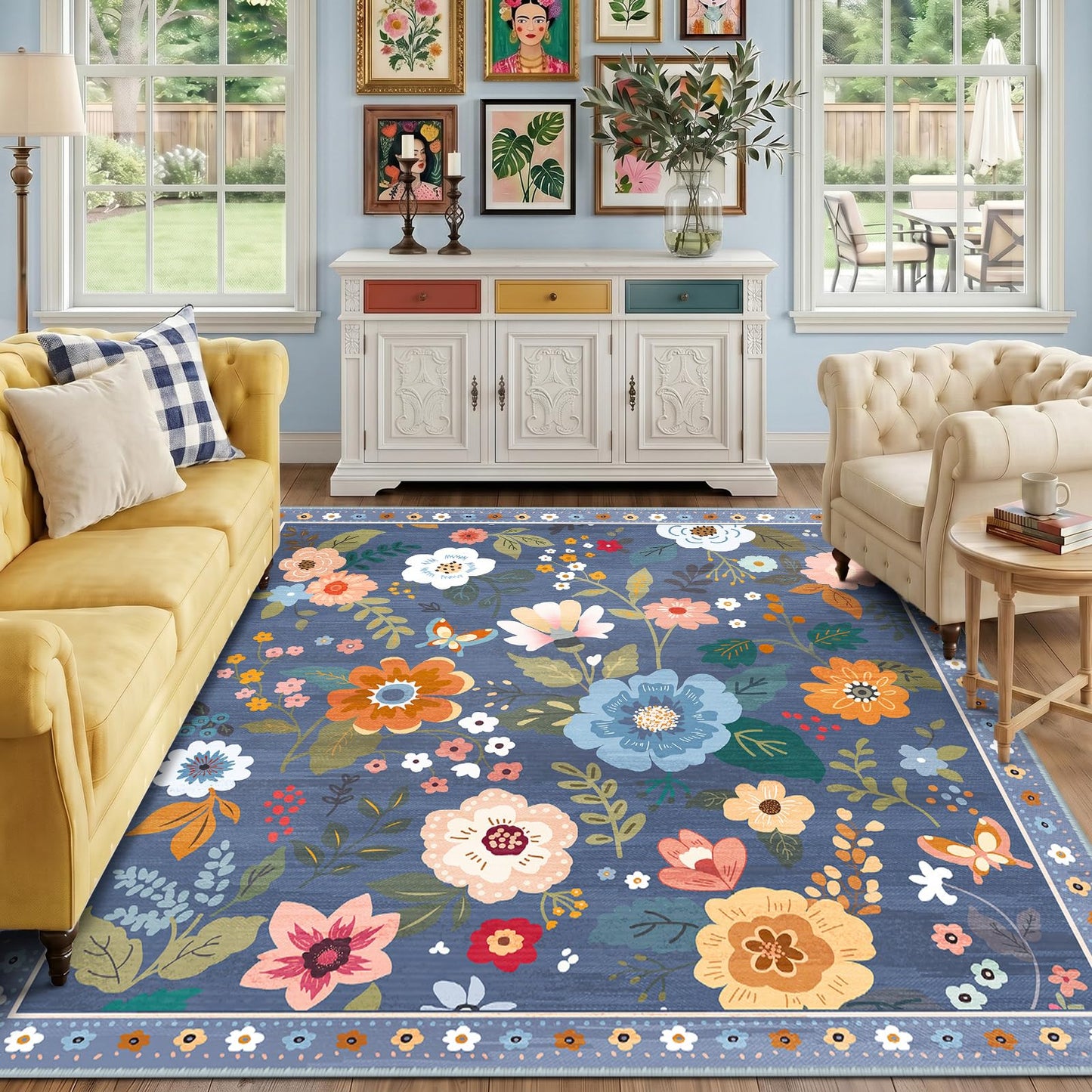 RELEANY Floral Washable 5x7 Area Rugs Beige/White/Orange | Flower Carpet, Print, Boho, Non-Slip, Easy to Clean, Soft, Low Pile for Living Room Bedroom Kitchen Office Entryway Hallway