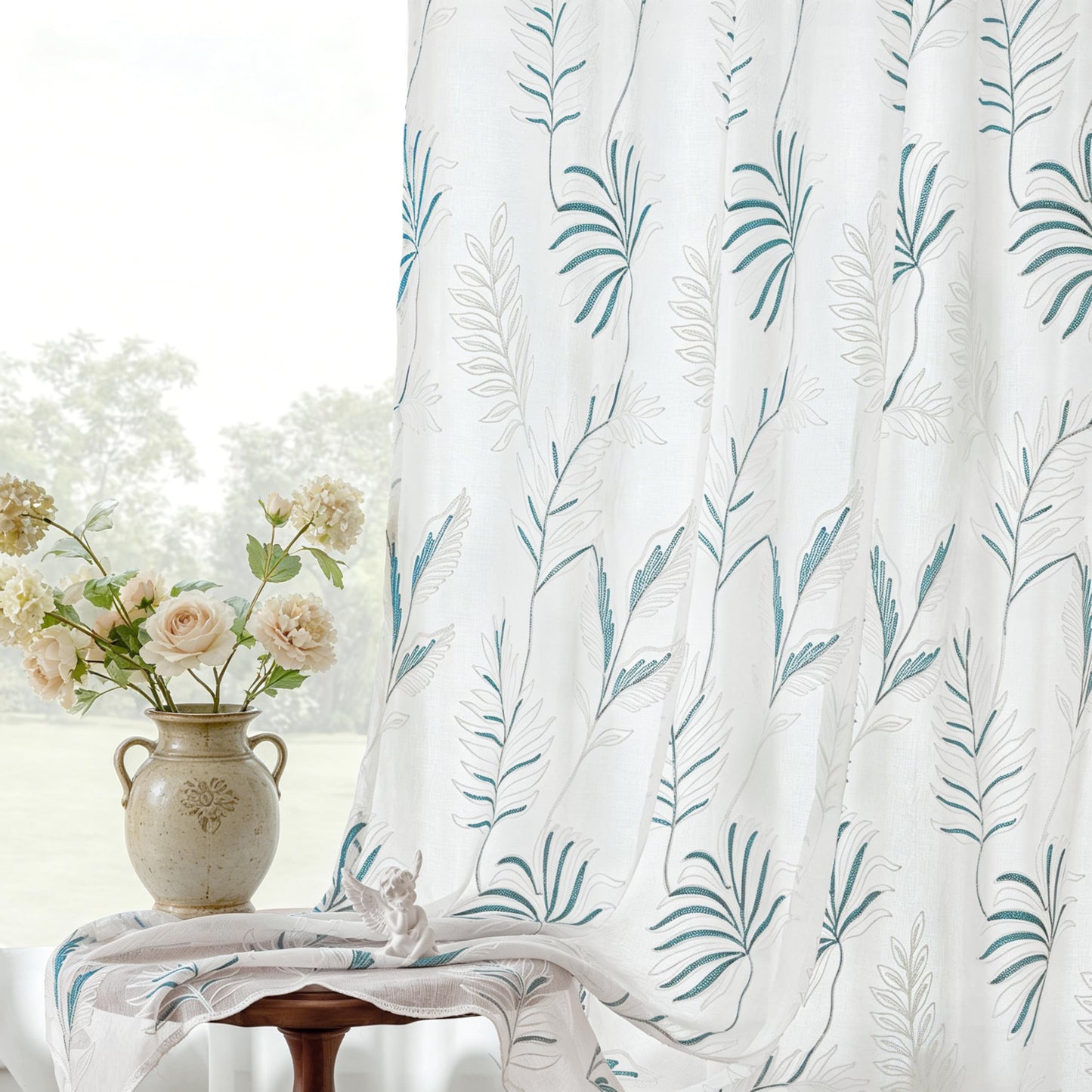 Sheer Curtains Boho Leaf Floral Embroidered Cream Beige 54Wx84L | Light Filtering Semi Sheer Voile Curtains With Design, Rod Pocket Window Drapes for Bedroom Living Room 2 Panels