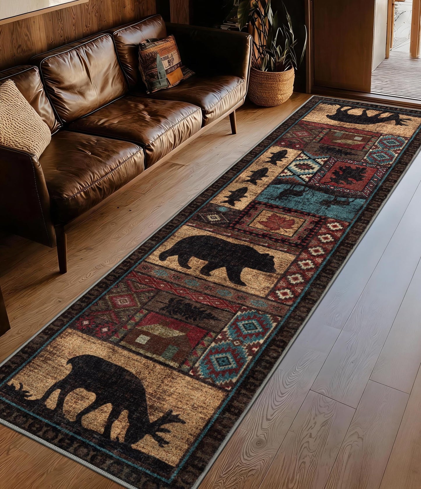 Rustic Cabin Area Rug 5x7,Machine Washable Lodge Bear Rug,Non-Slip Low Pile Print Pattern Southwestern Rug for Living Room Bedroom