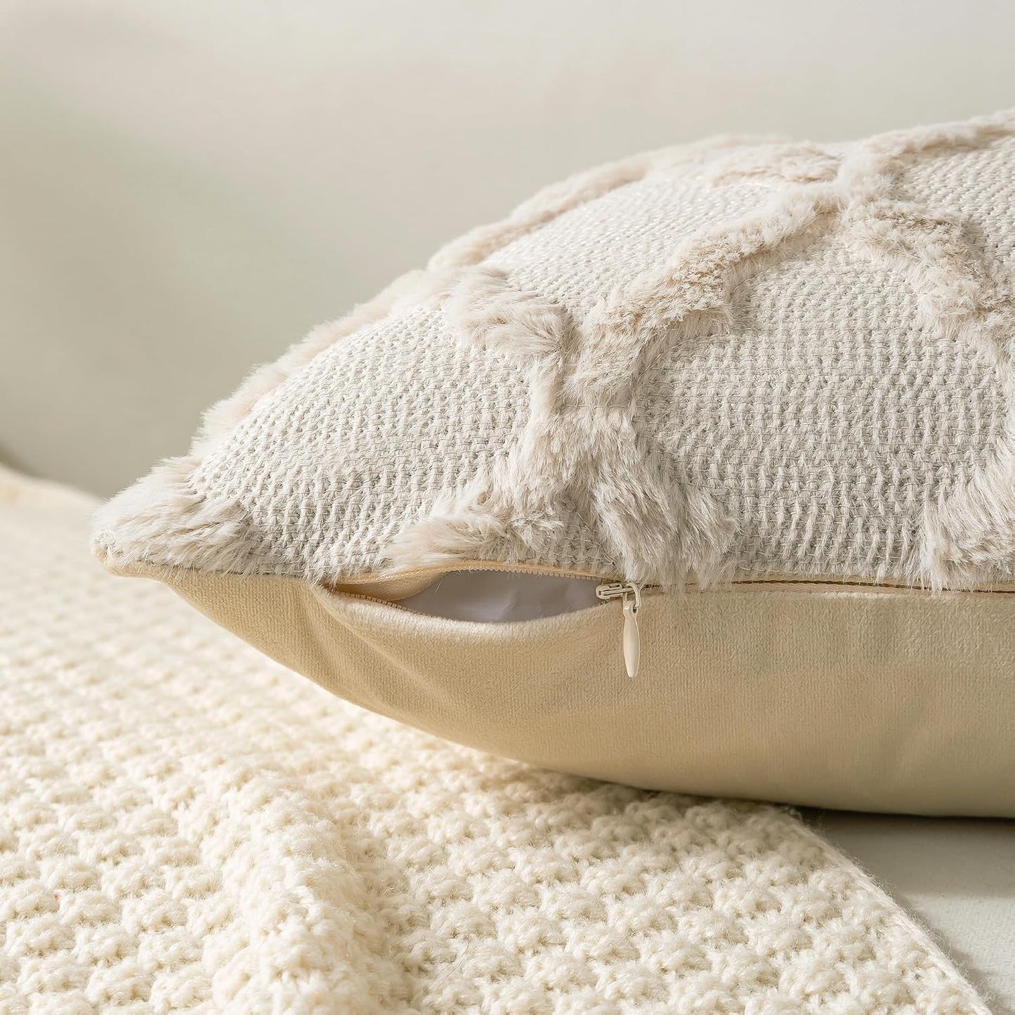 Set of 2 Soft Moroccan Throw Pillow Covers 18x18 Inch Plush Boho Decorative Pillow Cover Accent Cushion Case for Couch Sofa Bed, Beige