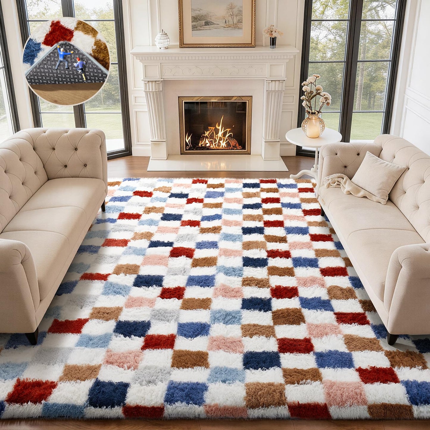Ophanie 8x10 Area Rugs for Living Room, Washable Non-Slip Fluffy Soft Large Shag Bedroom Carpet, Ivory Big Indoor Nursery Rug, Carpets for Boy and Girls Room Dorm Decor with Over 99 pcs Pile fibers