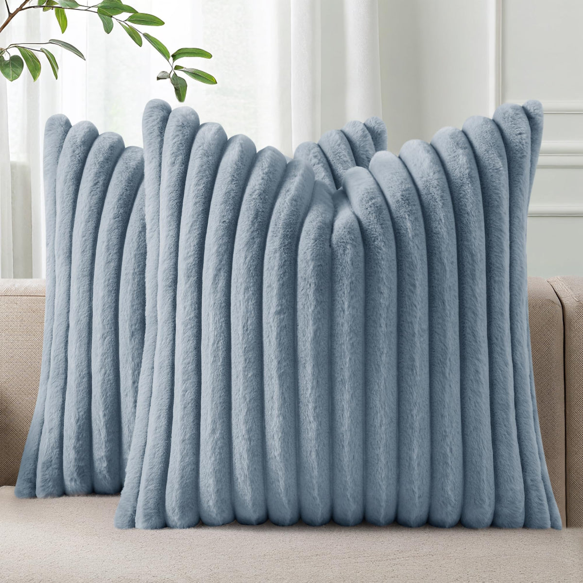 Pallene Faux Fur Decorative Throw Pillow Covers 18x18 Set of 2, Cream White | Luxury Plush Texture, Striped Design, Cozy Soft Touch, Modern Home Accent Decor for Couch, Sofa, Bed, Living Room