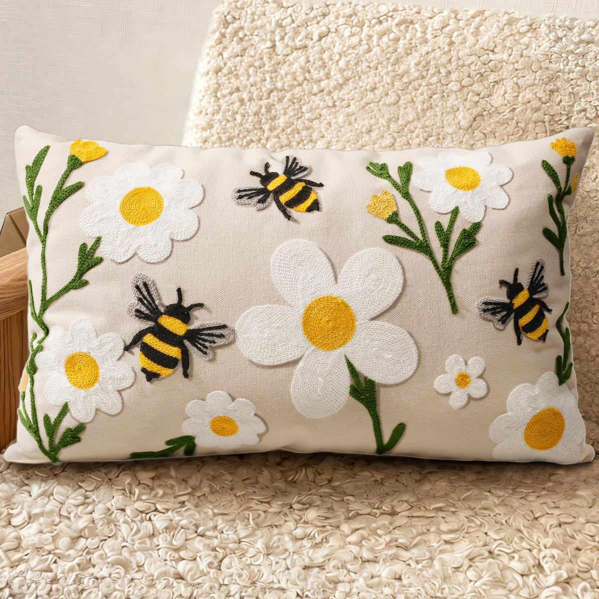 Embroidered Throw Pillow Cover 18x18 Inch, Flower Cluster | Decorative Pillow Cover, Floral Farmhouse Cushion Case with Hidden Zipper, Home Decor for Couch, Sofa, Living Room, Bedroom
