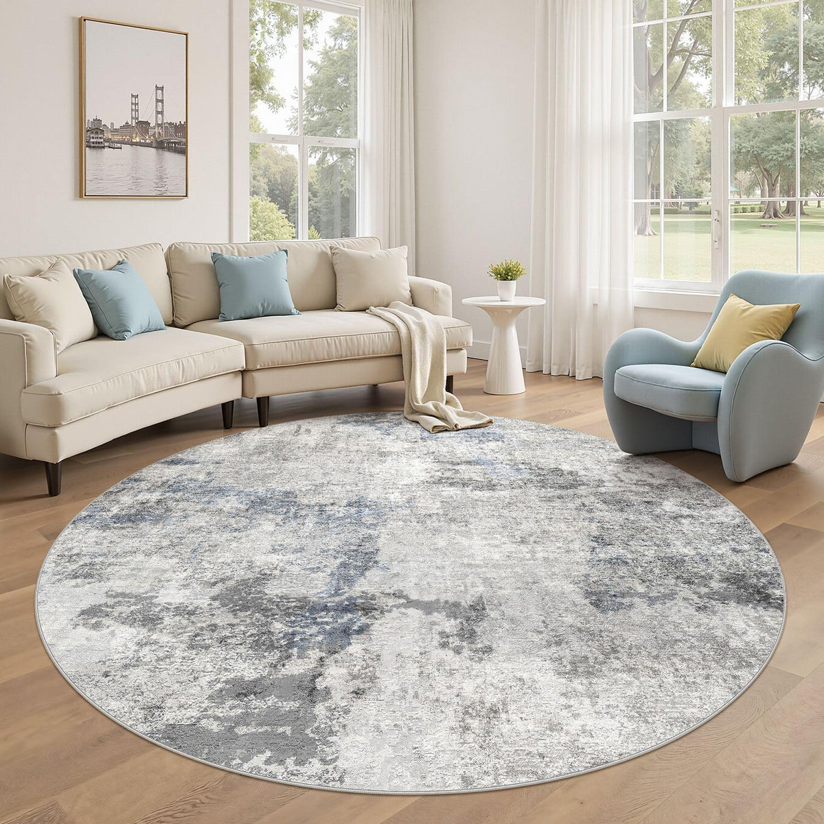 DMOYEST 8x10 Area Rug for Living Room Washable Abstract Indoor Carpet | Neutral Modern Low Pile Rugs Kid & Pet Friendly Large Soft Thin Carpet for Bedroom Dining Room - Grey Blue