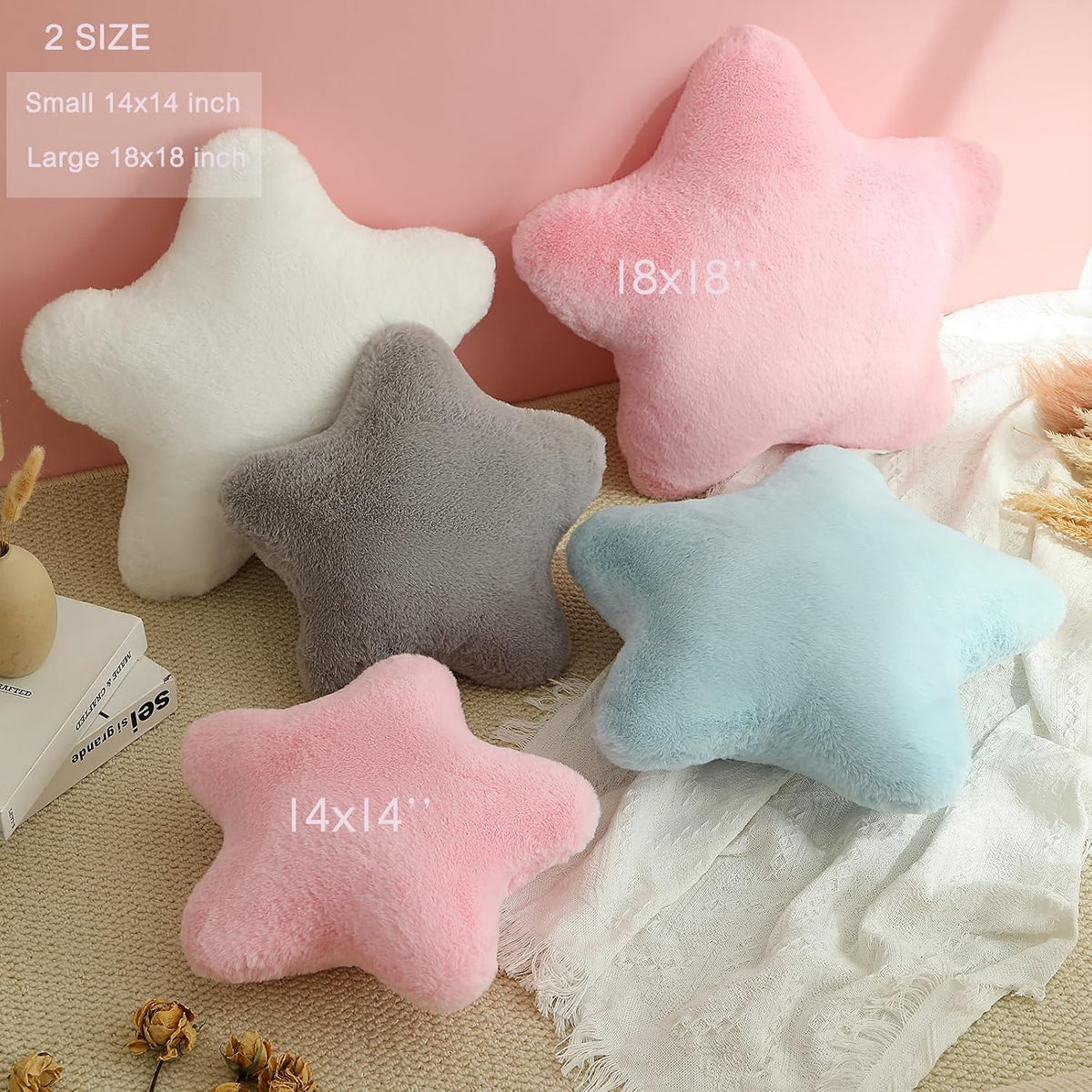 YRXRUS Star Pillows, Light Pink Star Shaped Pillow, Decorative Throw Pillow Gifts, Cute Plush Room Decor, Fluffy Faux Rabbit Fur 14"x14"Pillows for Living Bedroom