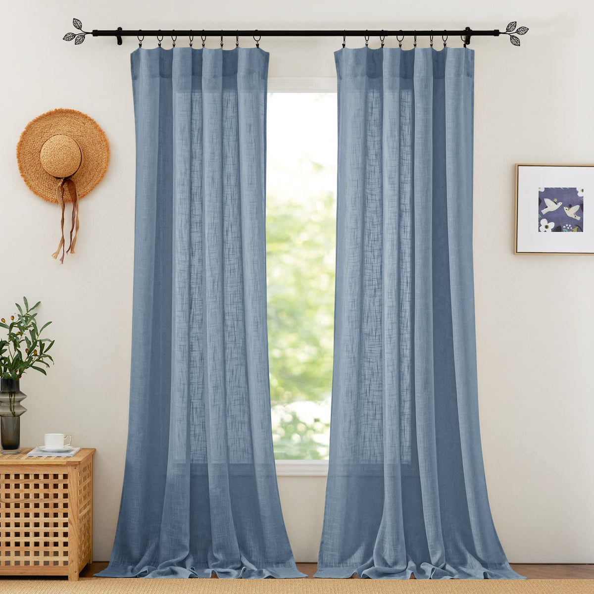 RYB HOME White Semi Sheer Curtains 84 inches Long for Living Room | Half Privacy, Linen Textured, Sheer Light Filtering, Vertical Window Drapes, for Bedroom Dining, White, W52 x L84, 2 Panels