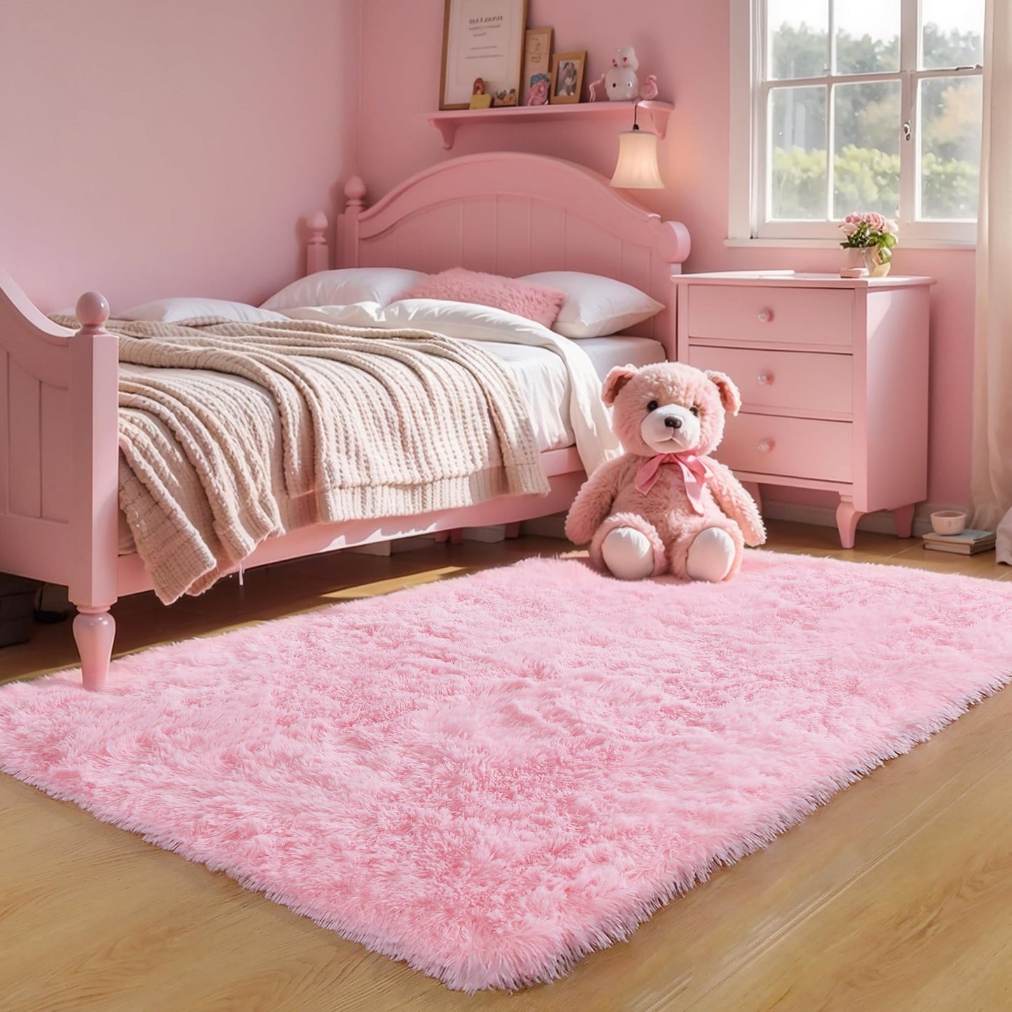 Pink Fluffy 4x6 Area Rugs for Bedroom Girls, Plush Washable Carpet | Area Rug for Kids Room, Nursery, Dorm Room, Non Slip Shaggy Floor Carpet