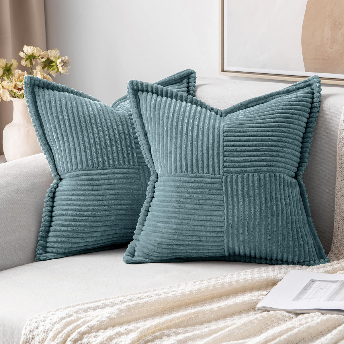 MIULEE Decorative Throw Pillow Covers for Couch 18x18 Inch Beige 2 Pack | Boho Broadside Striped Patchwork Pillow Covers, Soft Corduroy Cushion Cases, For Sofa Bed Livingroom Home Decor